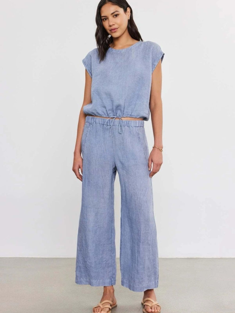 Two-Piece Blue Gray Linen-Blend Top and Pants Set - Picture 7 of 7